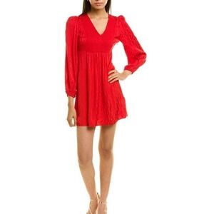 Maje Rimine Dress Womens Satin Jacquard Red Long Sleeve VNeck Pullover‎ Size S 1